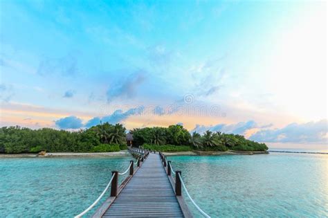 Amazing Island In The Maldives Wooden Bridge And Beautiful Tu Stock
