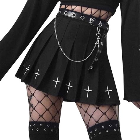 Goth Punk Cross Print Black Mini Skirt Chain Belt Dark Uniform Pleated