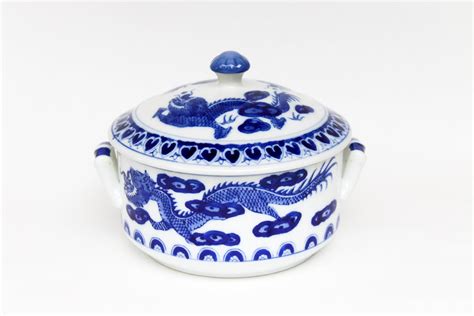 Asian Pottery Chinoiserie Dish Handles And Lid Blue And Etsy White