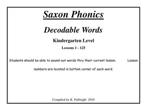 Ppt Saxon Phonics Decodable Words Kindergarten Level Lessons 1 125