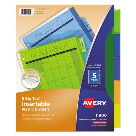 Avery Insertable Big Tab Plastic Dividers 5 Tab Multi Color Tab Letter 1 Set