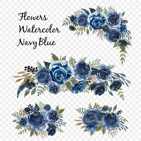 Navy Blue Watercolor Vector Art Png Watercolor Set Of Flower Bouquet Navy Blue Roses Clipart