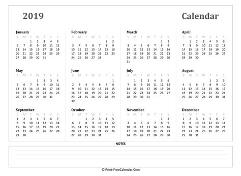 2019 Yearly Calendar With Notes Landscape Layout
