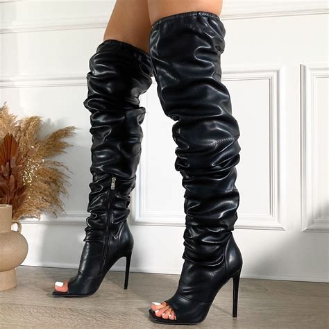 Ottilia Black Ruched Peep Toe Stiletto Thigh High Boots Simmi London