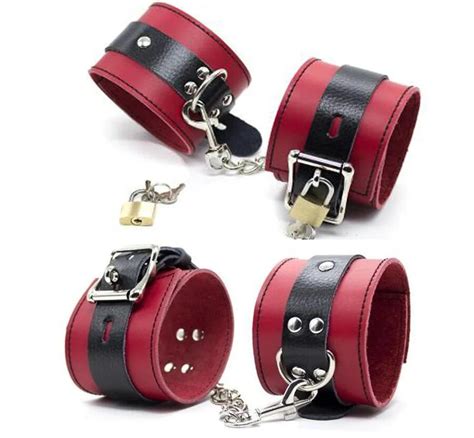 Genuine Leather Deluxe Black And Red Locking Ankle Hand Cuffsbdsm