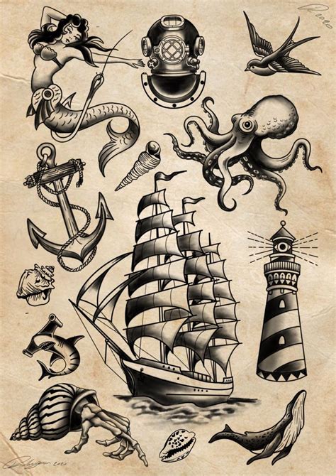 blackwork and traditional tattooflash with nautical elements and dutch ship divin