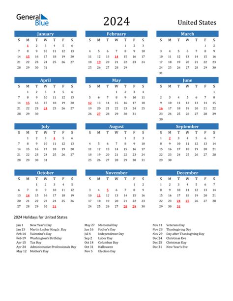 January 2024 Calendar With United States Holidays