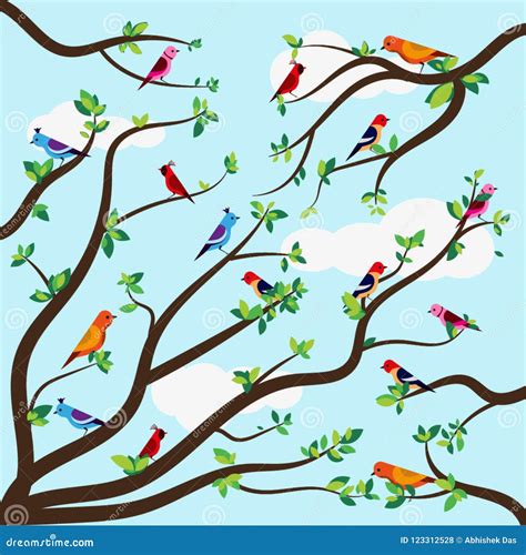 Flat Vector Illustration Of Beautiful Birds On Branches Stock Vector