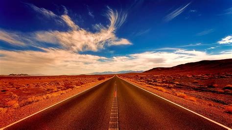 Desert Landscape Road Highway Travel Sky Clouds Hdr Nature