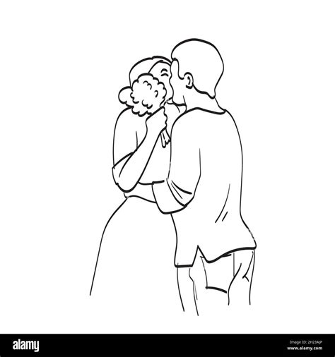 Line Art Couple Kissing Each Other With Flower Bouquet Illustration