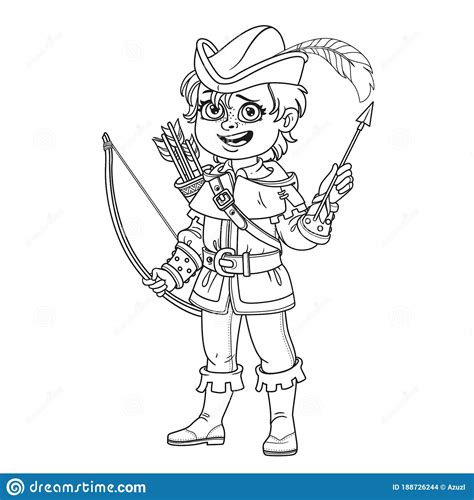 Cute Boy In Robin Hood Costume Outlined For Coloring Page Stock Vector