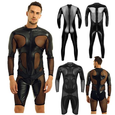 mens catsuit costume wet look bodysuit faux leather mesh splice leotard jumpsuit ebay
