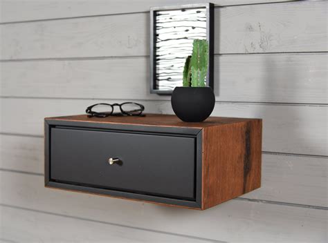 Black Floating Bedside Table With 1 Old Wooden Box