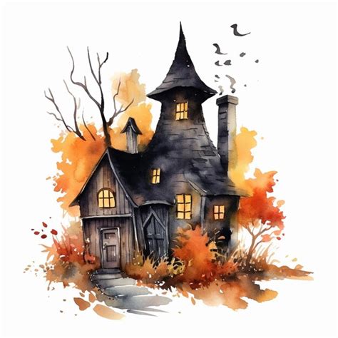 Premium Photo There Is A Watercolor Painting Of A House With A Witchs