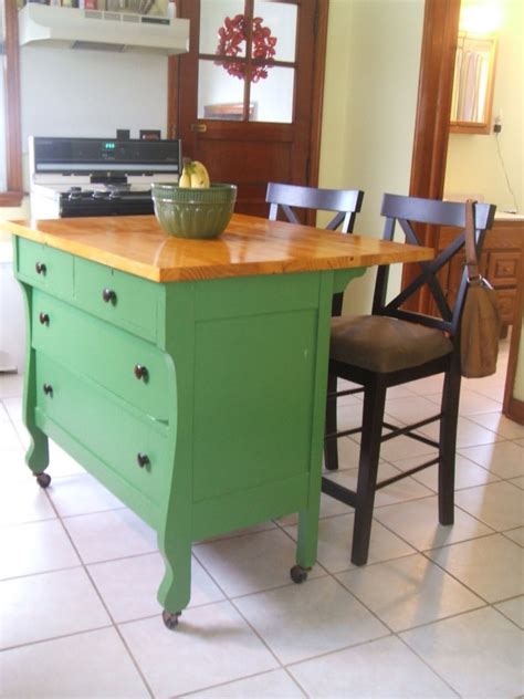 She transformed two antique wood dressers (both over 100 years old!) into small kitchen islands with drawer storage. Repurposed Dresser to Chevron Kitchen Buffet with Butcher ...