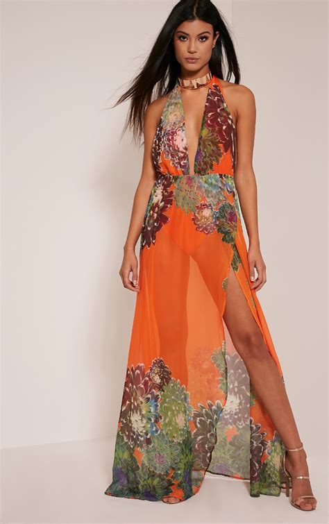 Alina Bright Orange Tropical Print Plunge Maxi Dress