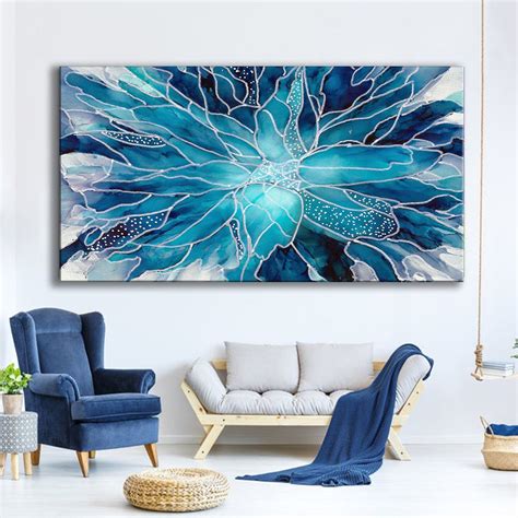 Luxurious Extra Large Framed Canvas Wall Art Abstract Blue Flower
