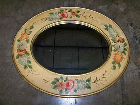 Lot Painted Oval Framed Mirror With Flowers And Beveled Glass