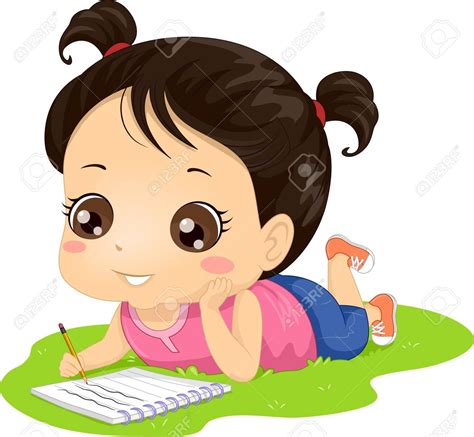 Illustration Of A Kid Girl Lying On The Grass Writing In Her Notebook
