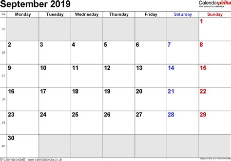 Blank September 2019 Calendar Printable Template Editable Wallpaper