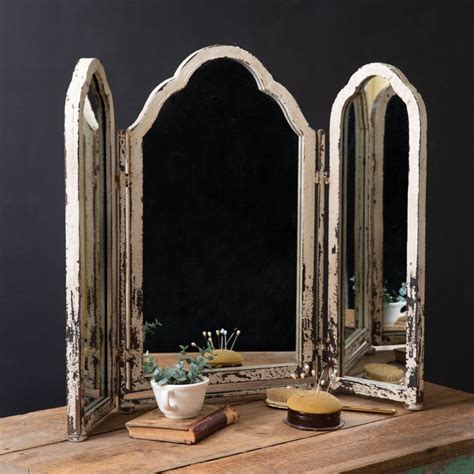 Farmhouse Style Rustic Tri Fold Tabletop Mirror