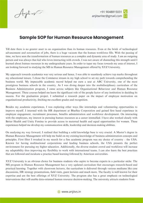 Sop For Human Resource Management Free Sample Pdf 2024