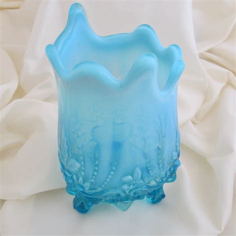 Antique English Sowerby Blue Opal Piasa Bird Opalescent Glass Vase Whimsey Carnival Glass