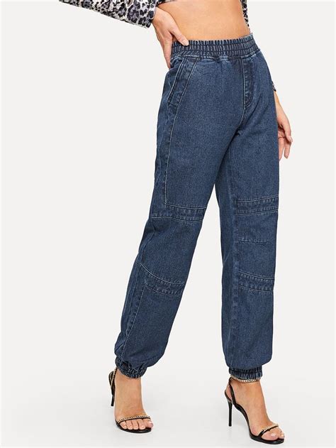 Elastic Hem Faded Jeans Sheinsheinside Faded Jeans Jeans Denim Women