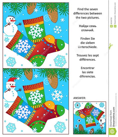 Winter Find The Differences Picture Puzzle With Knitted Socks Stock