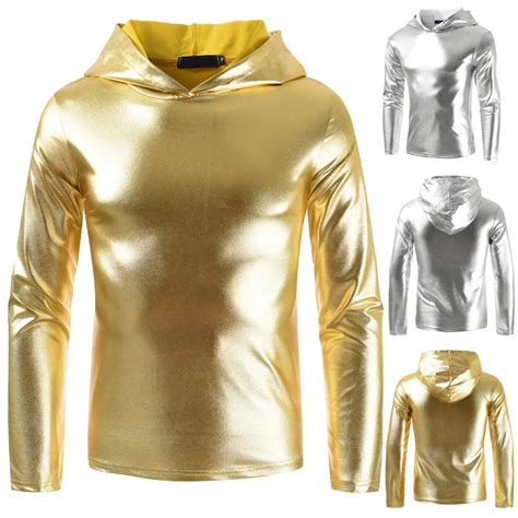Sexy Men Shiny Hooded Tops Clubwear Bright Long Sleeve Hip Hop Solid