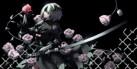 Nier Automata Sword Weapon Flowers Anime Fantasy Girl Anime