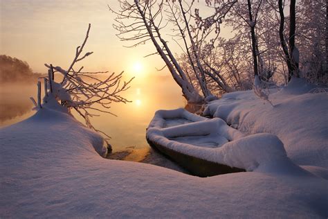 Landscape Nature Winter Sunset Snow Lake Boat Frost