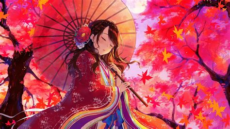 Download 1920x1080 Anime Girl Pretty Autumn Umbrella