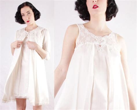 60s Two Piece Ivory And Lace Nightgown Set Baby Doll Nightie