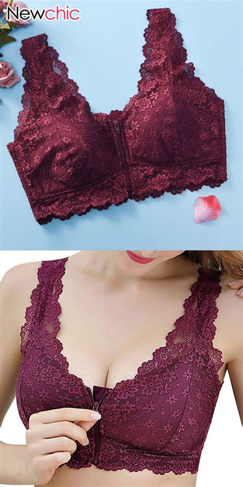 US Zip Front Cotton Lining Gather Wireless Soft Lace Comfort Embroidery Bra By Newchic