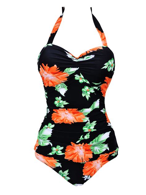 Womens Swimwear Women One Piece Plus Size Floral Halterneck Bathing