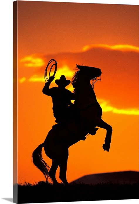 Silhouette Of Cowboy On Horse Rearing Up Wall Art Canvas Prints