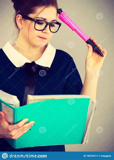 Woman Thinking Holds File Folder With Documents Stock Image Image Of Businesswoman Evidence