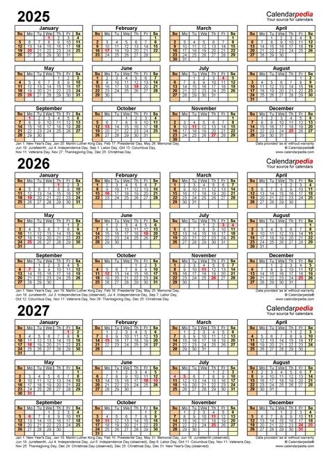 2025 2027 Three Year Calendar Free Printable Excel Templates