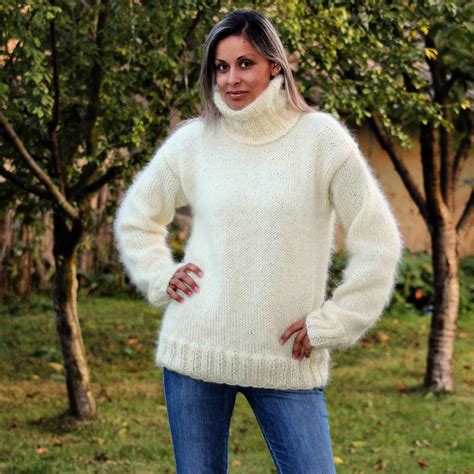 New White Color Hand Knit Mohair Turtleneck Sweater By Extravagantza