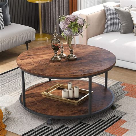 buy rustic style coffee table round coffee table with casters and wood textured surface for