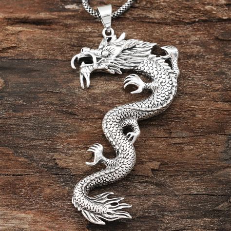 Wavy Mens Sterling Silver Dragon Necklace From India Dragon Majesty