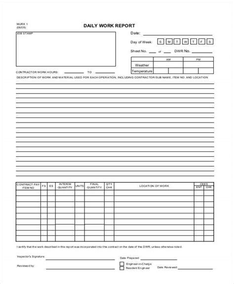 Daily Work Report Form Template