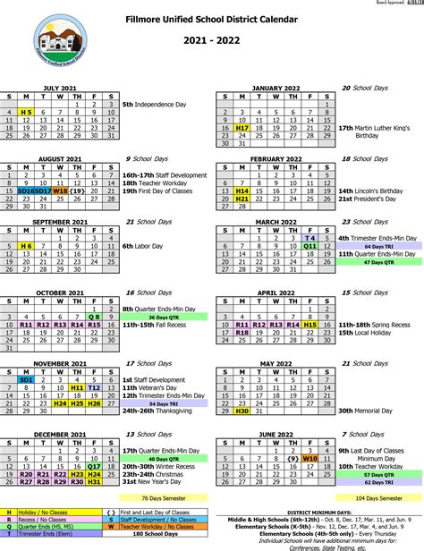 2021 2022 School Calendar — Fillmore Unified School District