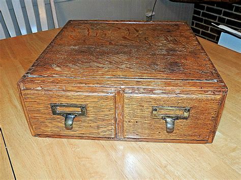 Vintage Oak Wood Library Card Catalog 2 Drawer File Box Index Card