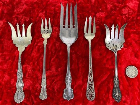 Collection Of Five Antique Sterling Silver Serving Forks Total Weight 935g