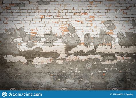 Background Of Old Vintage Dirty Brick Wall With Peeling Plaster