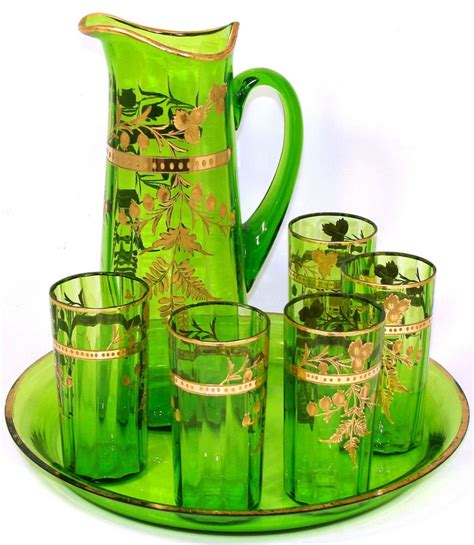 Antique Moser Green Glass 7pc Punch Or Lemonade Service Gold Enamel 12 5 Tray Ebay Green