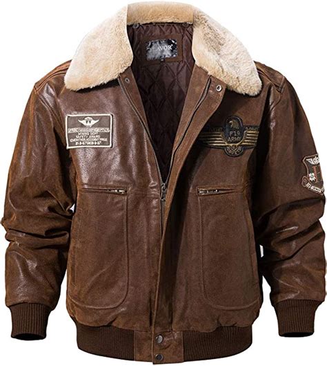Flavor Mens Real Leather Bomber Jacket With Removable Fur Collar