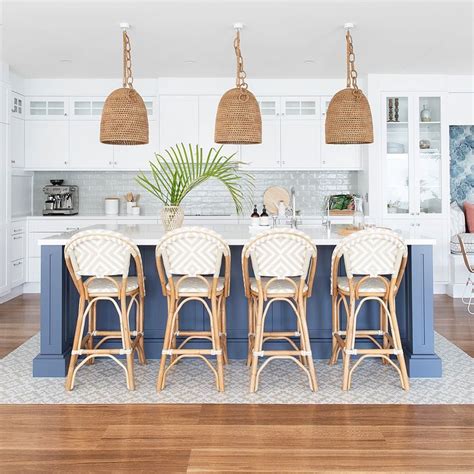 Coastal Kitchen With Rattan Pendant Lights And Palm Decor Via @donna Guyler Design 